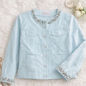 Giani Bini Embellished Linen Jacket Petite Small SP Blue Beaded Trim Blazer